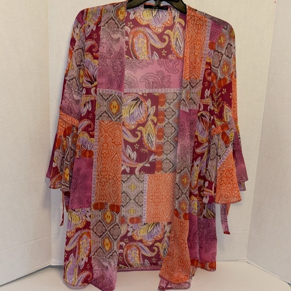 GEORGE BRAND  BRIGHT COLORS KIMONO PINKS/ORANGE/PURPLE BELL SLEEVES WITH TIES - Picture 1 of 14